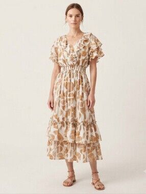 Claris NWT Beige Geometric Pattern Smocked Tiered Short Sleeve Midi Dress- OSFM